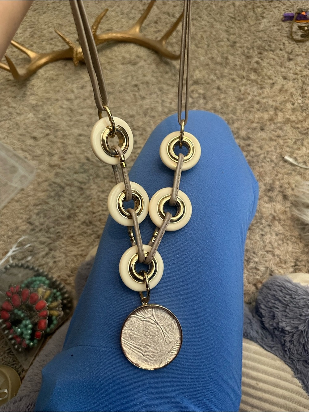 Chico's Cream and Gold Circle Pendant Necklace